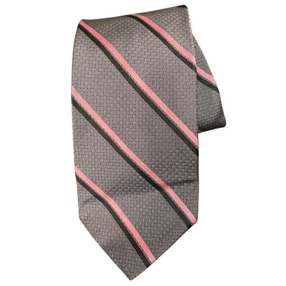Brooks Brothers Mens Mini Basketweave Gray 100% Silk Tie Pink Striped USA Made - Picture 1 of 3